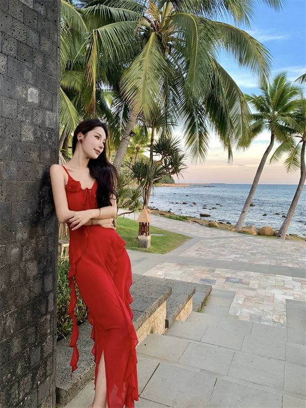 Thailand Sanya Seaside Holiday Beach Skirt Ruffles Irregular Spaghetti-Strap French Style Beautiful Red Chiffon Dress