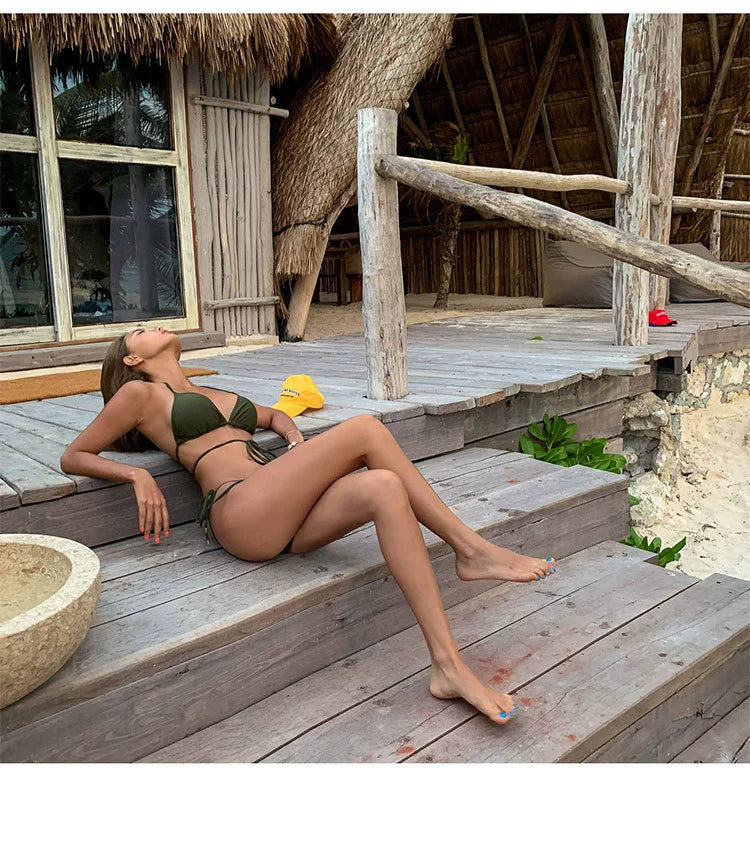 Fashion Ins Swimsuit Women's Summer Vacation Small Size Sexy Three-Point Bikini Separates Shoelace Strap Hot Spring Swimsuit