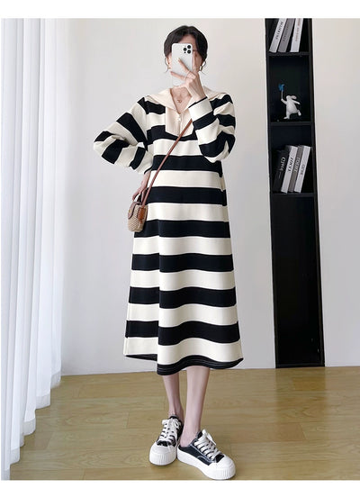 2025 Spring Clothing New Arrival K-style Plus Size Maternity Stripes Dress Fashionable Mom Pullover Sweatshirt Lapel Long Skirt