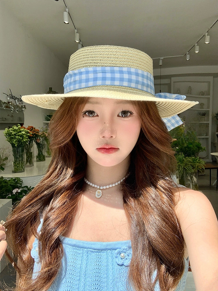 Straw Hat Japanese Style Women's Spring Summer Outing Plaid Bows