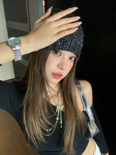 Zhao Lusi Same Style ~ Homemade Bows Sequin Knitted Cold Cap Female Y2g Sexy Wind Show Face Small Toe Cap Pile Heap Cap