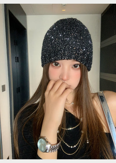 Zhao Lusi Same Style ~ Homemade Bows Sequin Knitted Cold Cap Female Y2g Sexy Wind Show Face Small Toe Cap Pile Heap Cap