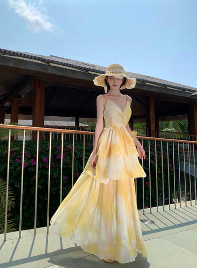 Nipped-Waist New French Seaside Sling Holiday Dress Travel Elegant Cake Dress Summer Beach Dress Female Yellow