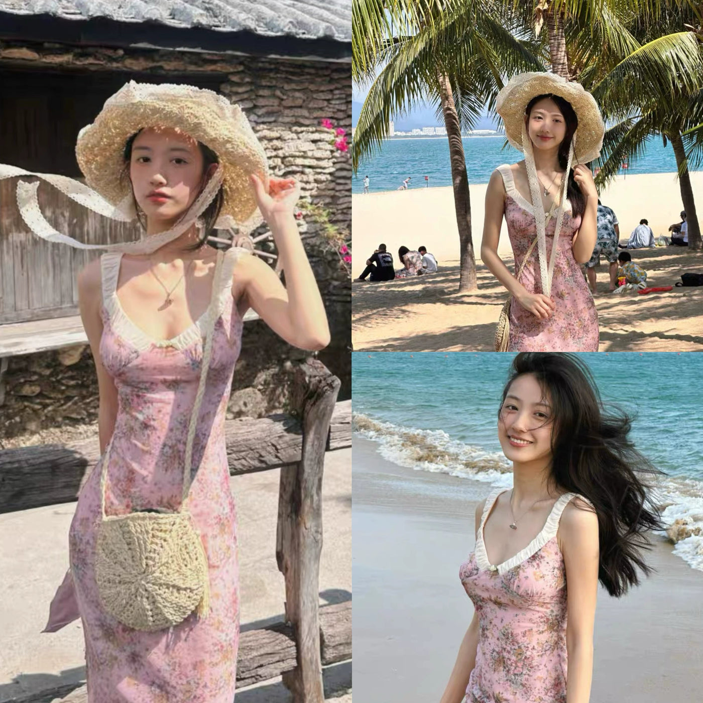 French Floral Strap Dress Women's Summer Tight Waist Long Skirt Beach Skirt Seaside Vacation Skirt