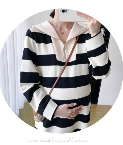 2025 Spring Clothing New Arrival K-style Plus Size Maternity Stripes Dress Fashionable Mom Pullover Sweatshirt Lapel Long Skirt