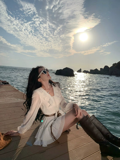 Pure First Date Sense Seaside Vacation Style Long Sleeves Dress