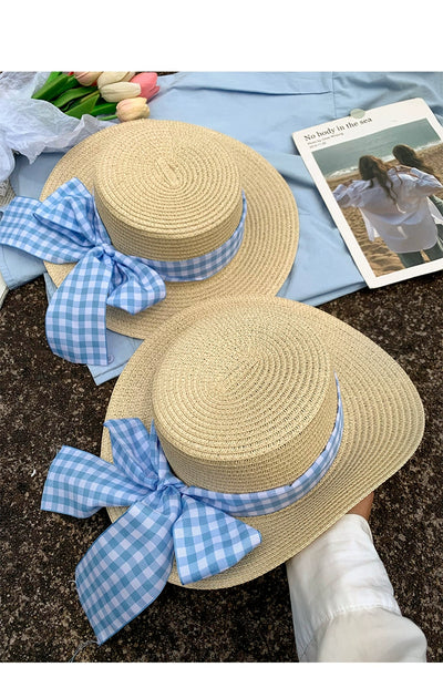 Straw Hat Japanese Style Women's Spring Summer Outing Plaid Bows