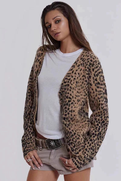 Y2g Fashion Soft Knitting V Neck Cardigan Leopard-Print Sweater