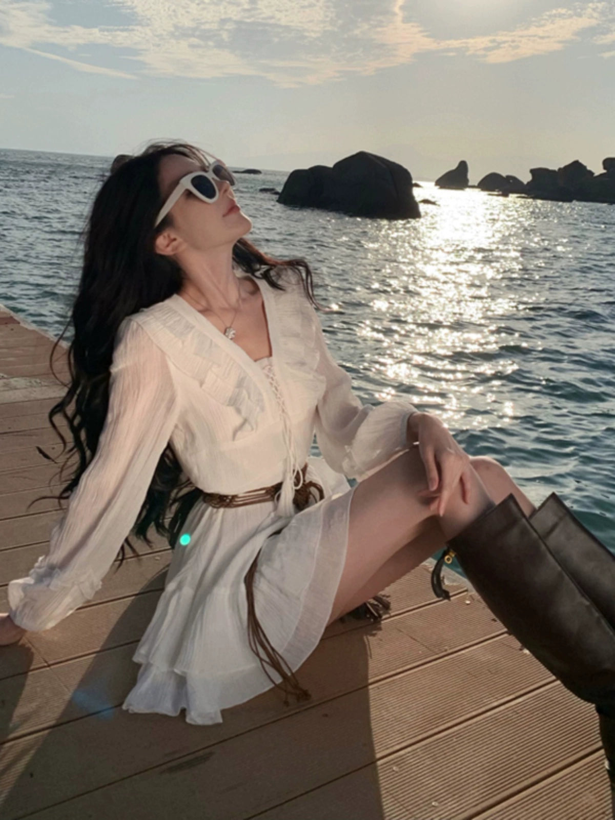 Pure First Date Sense Seaside Vacation Style Long Sleeves Dress
