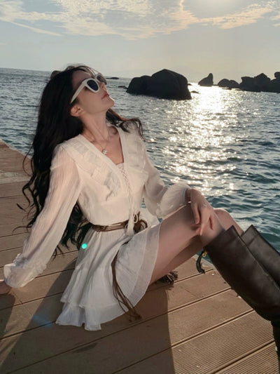 Pure First Date Sense Seaside Vacation Style Long Sleeves Dress