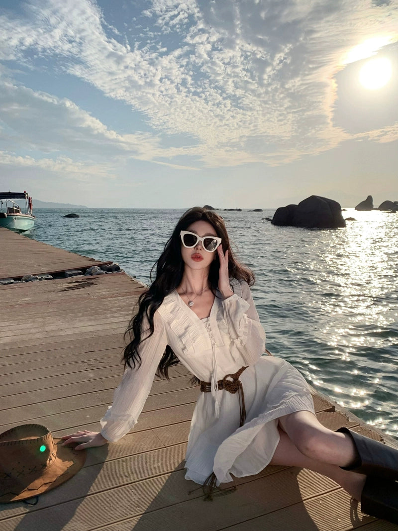 Pure First Date Sense Seaside Vacation Style Long Sleeves Dress