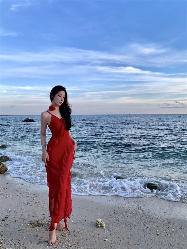 Thailand Sanya Seaside Holiday Beach Skirt Ruffles Irregular Spaghetti-Strap French Style Beautiful Red Chiffon Dress