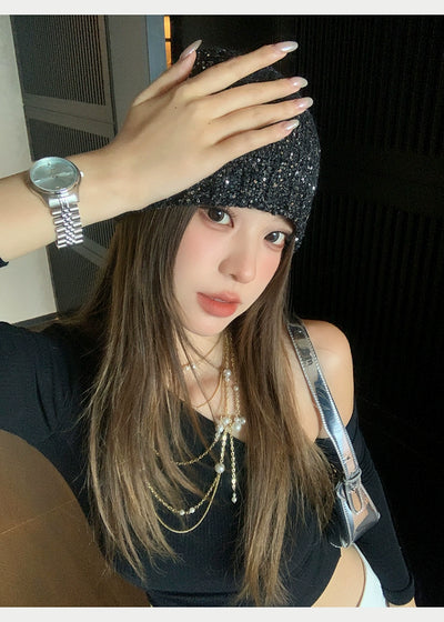 Zhao Lusi Same Style ~ Homemade Bows Sequin Knitted Cold Cap Female Y2g Sexy Wind Show Face Small Toe Cap Pile Heap Cap