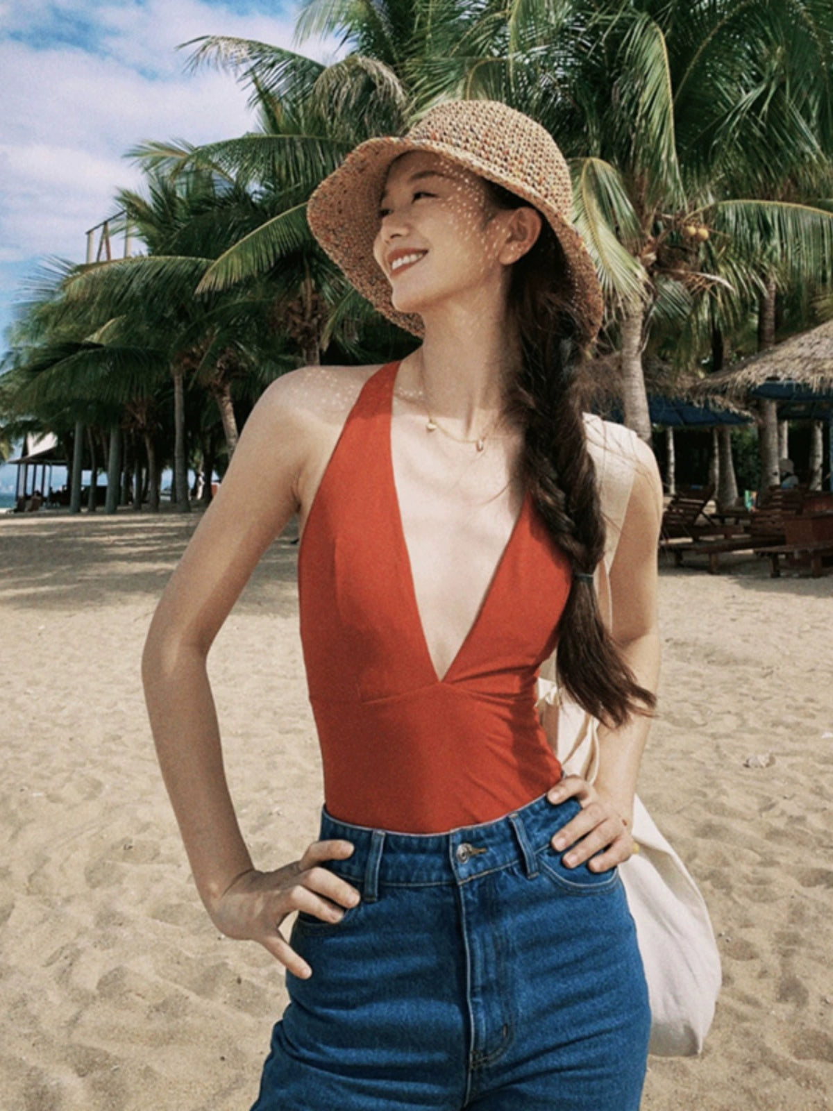 [Clearance Special Offer] Retro One-Piece Swimsuit Women's Hong Kong Style Sexy Deep V Thin Hot Spring Vacation Beach Swimsuit