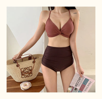 South korea New Swimsuit Women Sexy High Waist Retro Pure Desire Ventilation Network Red Split Bikinis Hot Spring Vacation Swimsuit