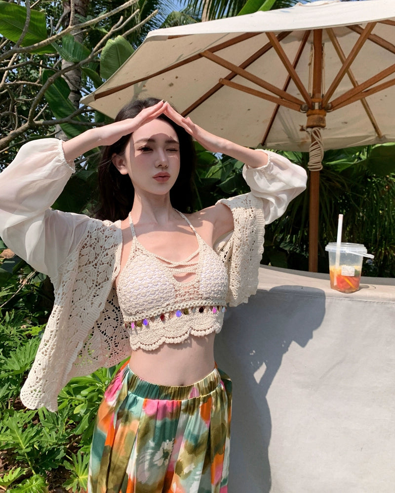 Ethnic Style Seaside Vacation Style Chiffon Loose Pants Suit + with Chest Pad Bikini Top + Sun-Protective Clothing Small Coat