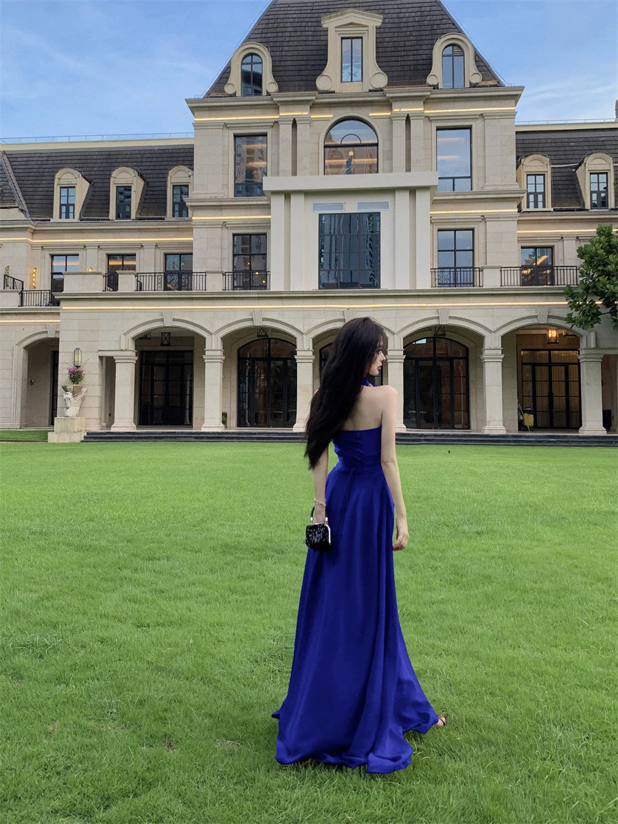 Beautiful Vacation Style Blue Halterneck Chiffon Drape Dress Long Women's Fancy Elegant Mop Long Dress