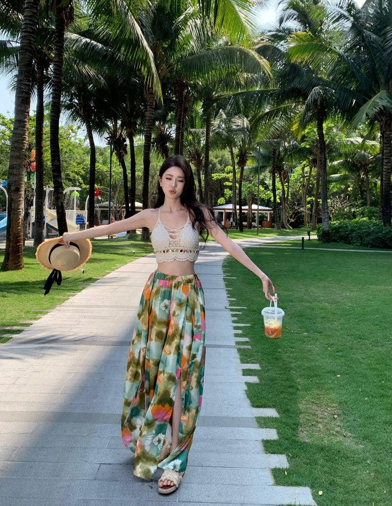 Ethnic Style Seaside Vacation Style Chiffon Loose Pants Suit + with Chest Pad Bikini Top + Sun-Protective Clothing Small Coat