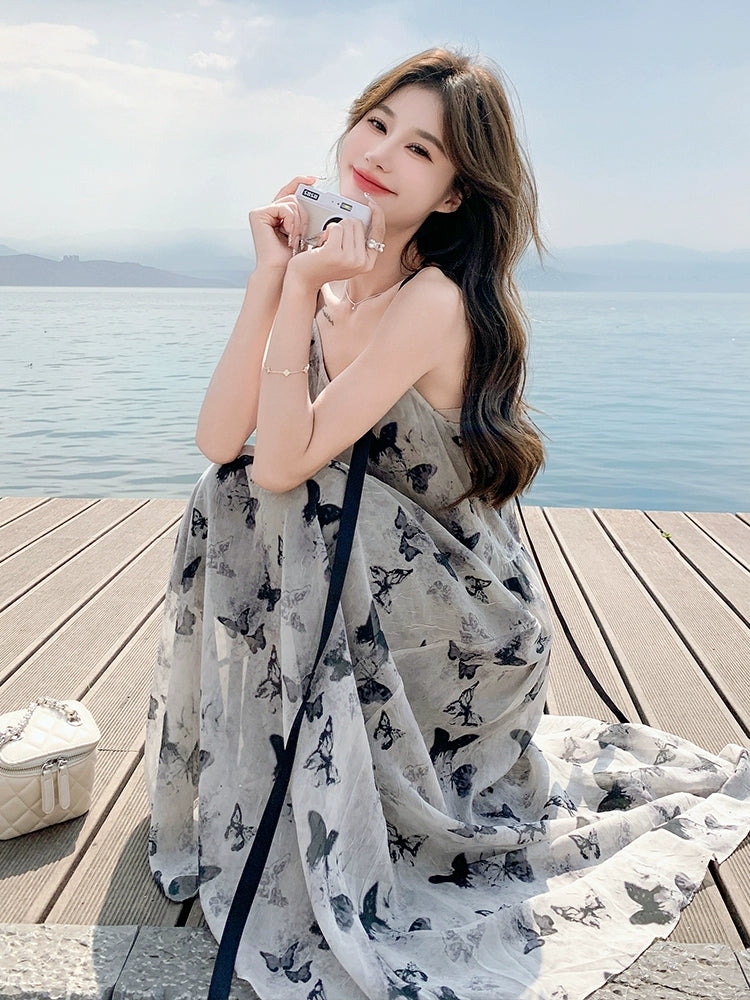 New Chinese Style Chinese Style Sling Dress Chiffon Ink Painting
