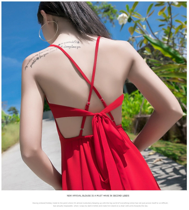 Red Lacing Chiffon Backless Bow Dress