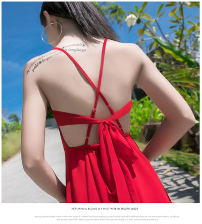 Red Lacing Chiffon Backless Bow Dress