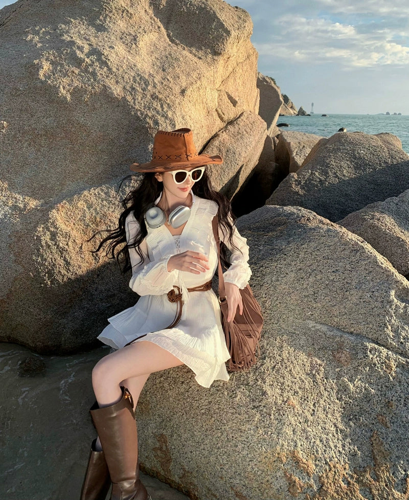 Pure First Date Sense Seaside Vacation Style Long Sleeves Dress