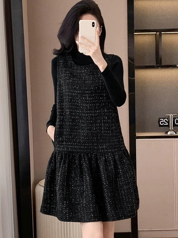 Woolen One piece Dress Women clothing Plus size Fat Mm2024 Autumn and Winter New Age-Reducing High end Western Style Fashion Woolen Vest Dress