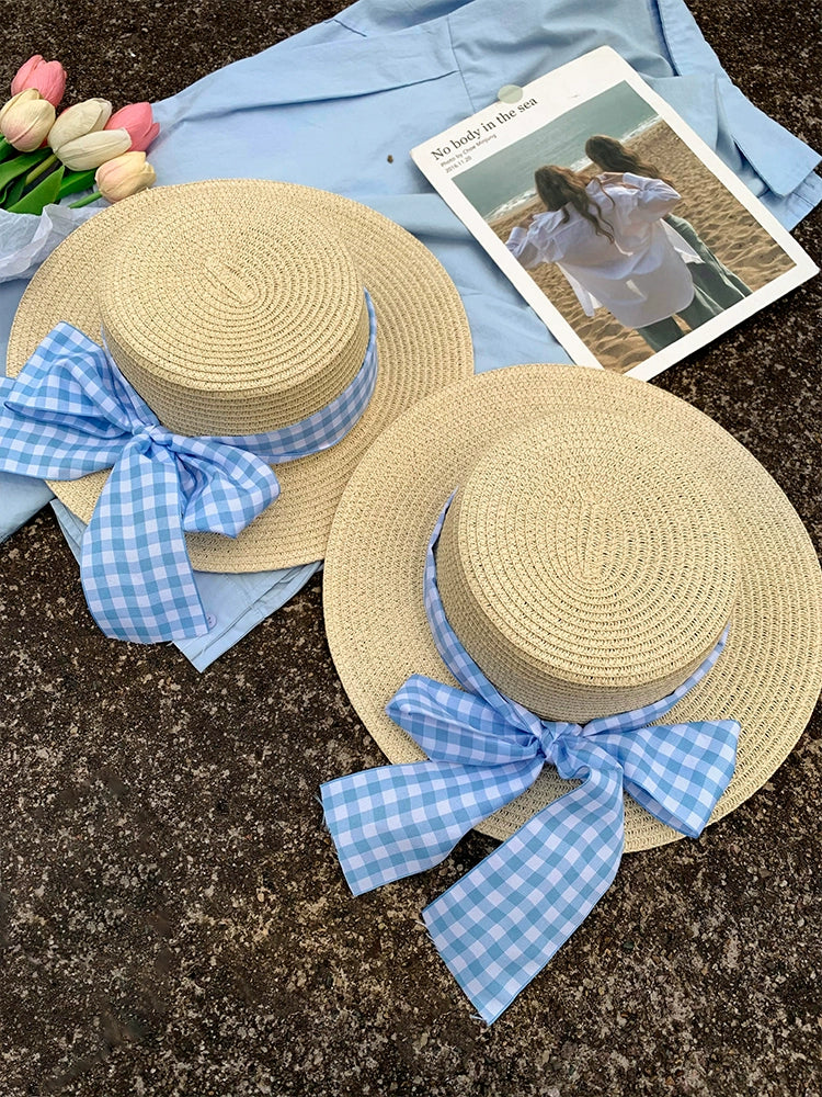 Straw Hat Japanese Style Women's Spring Summer Outing Plaid Bows