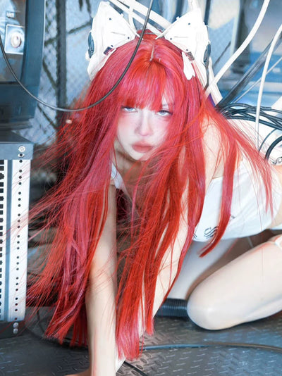 Y2g Sea King Red Long Straight Hair Full Head Cover Lolita Qi Bangs Gyaru Pull Red One-Size-Cut Long Hair Cos Universal