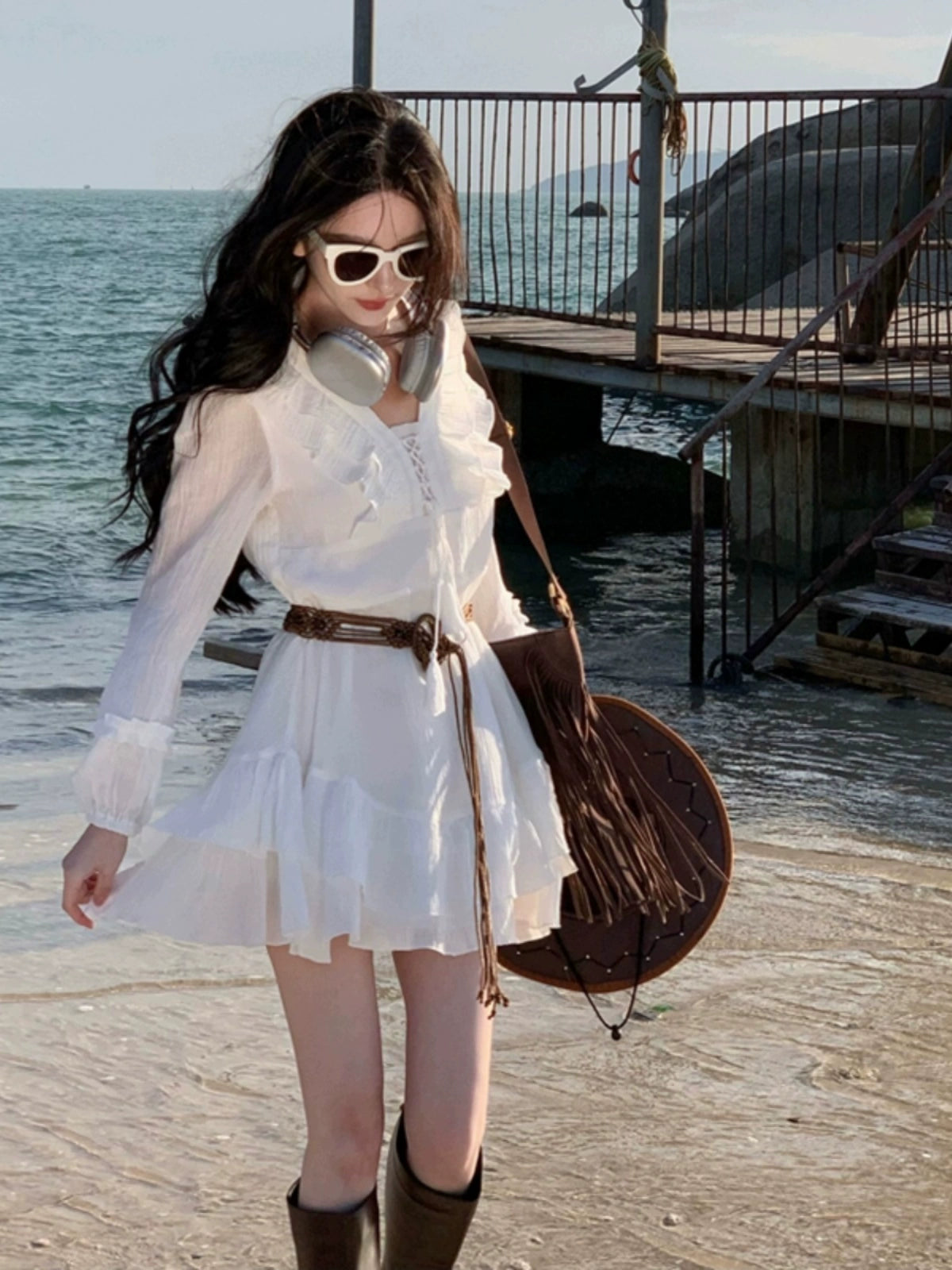 Pure First Date Sense Seaside Vacation Style Long Sleeves Dress