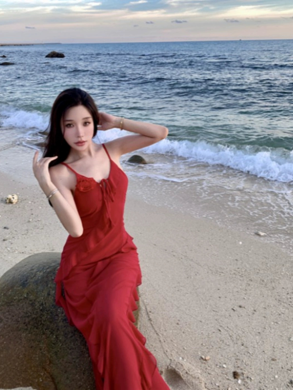 Thailand Sanya Seaside Holiday Beach Skirt Ruffles Irregular Spaghetti-Strap French Style Beautiful Red Chiffon Dress