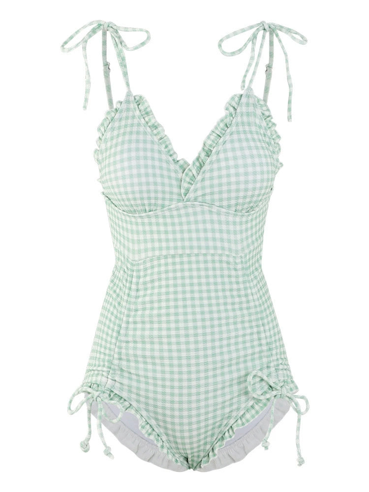 Sanya Swimsuit Women's Sweet Plaid Drawstring Sling Small Chest Push up One-Piece Triangle Hot Spring Vacation Swimsuit Women's