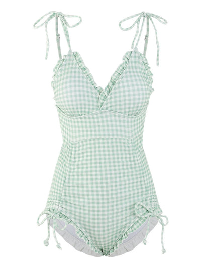 Sanya Swimsuit Women's Sweet Plaid Drawstring Sling Small Chest Push up One-Piece Triangle Hot Spring Vacation Swimsuit Women's