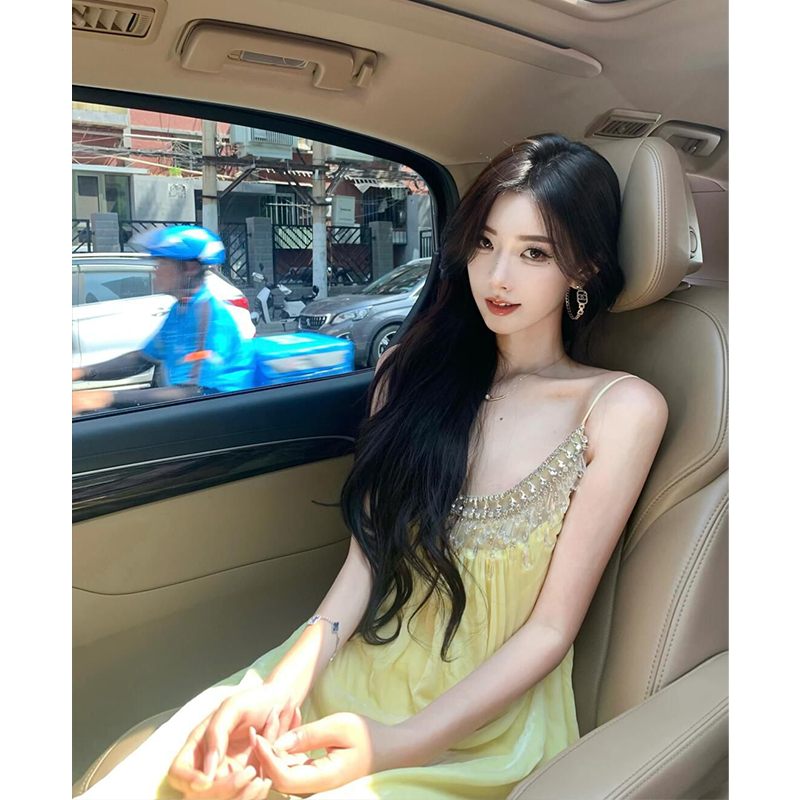 French Style Beautiful Yellow Elegant Heavy Industry Beads Diamond Strap Dress Loose and Idle Seaside Holiday Beach Dress
