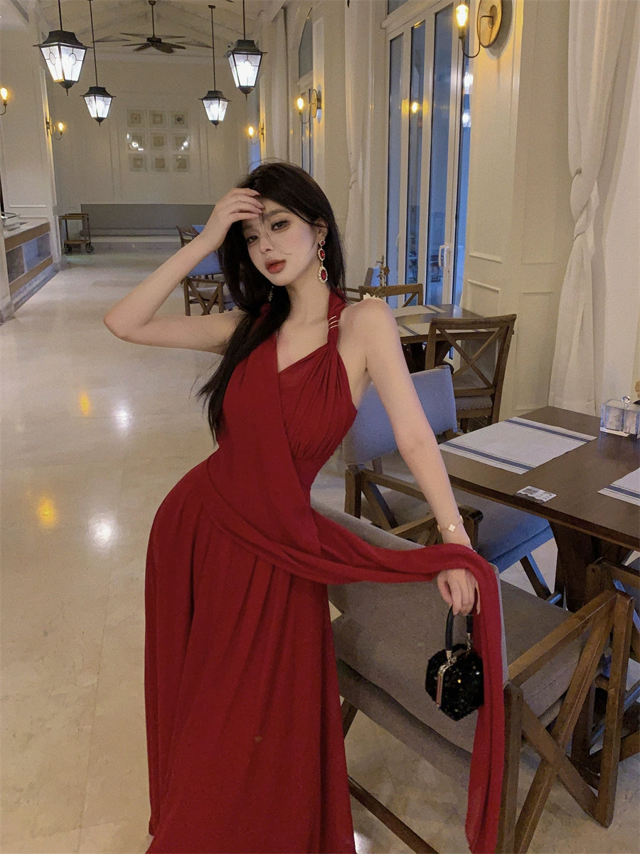 Beautiful Vacation Style Blue Halterneck Chiffon Drape Dress Long Women's Fancy Elegant Mop Long Dress