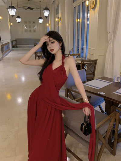 Beautiful Vacation Style Blue Halterneck Chiffon Drape Dress Long Women's Fancy Elegant Mop Long Dress
