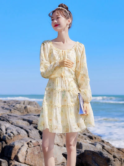 2025 Spring New Arrival Women's Spring Floral Dress Silm Fashion Waist-Controlled Long Sleeves Seaside Vacation Chiffon Skirt
