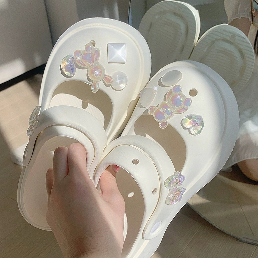 Thin Strip Sweet Rhinestone Mary Jane Sandals Fairy Style Fashion Summer Outwear Holiday Sandals Hole Shoes