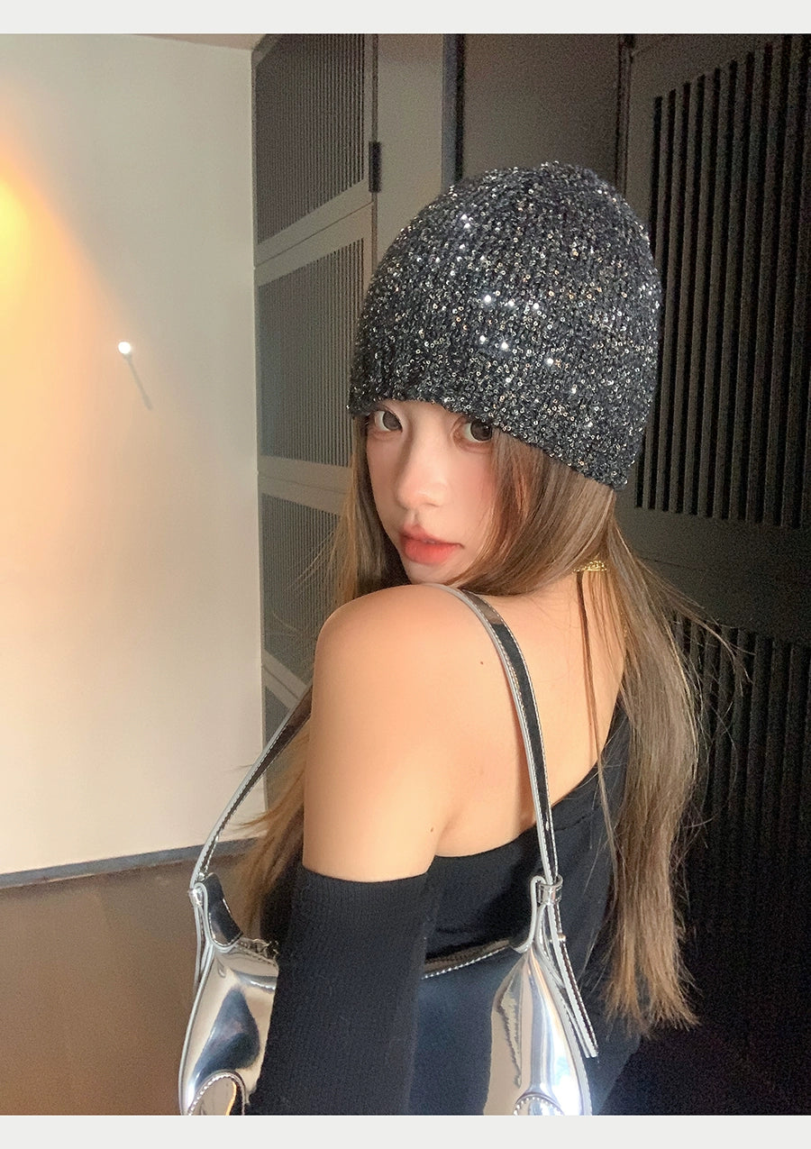 Zhao Lusi Same Style ~ Homemade Bows Sequin Knitted Cold Cap Female Y2g Sexy Wind Show Face Small Toe Cap Pile Heap Cap