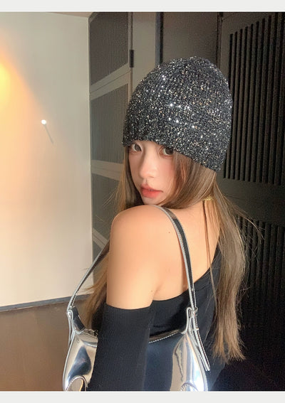 Zhao Lusi Same Style ~ Homemade Bows Sequin Knitted Cold Cap Female Y2g Sexy Wind Show Face Small Toe Cap Pile Heap Cap
