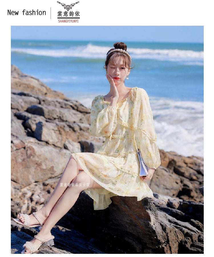 2025 Spring New Arrival Women's Spring Floral Dress Silm Fashion Waist-Controlled Long Sleeves Seaside Vacation Chiffon Skirt