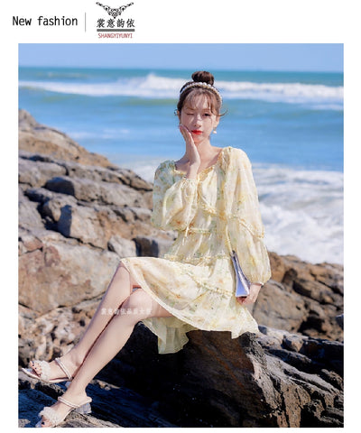 2025 Spring New Arrival Women's Spring Floral Dress Silm Fashion Waist-Controlled Long Sleeves Seaside Vacation Chiffon Skirt
