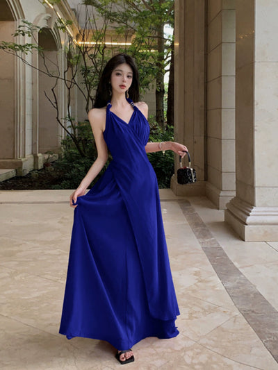 Beautiful Vacation Style Blue Halterneck Chiffon Drape Dress Long Women's Fancy Elegant Mop Long Dress