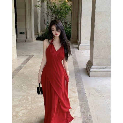 Beautiful Vacation Style Blue Halterneck Chiffon Drape Dress Long Women's Fancy Elegant Mop Long Dress