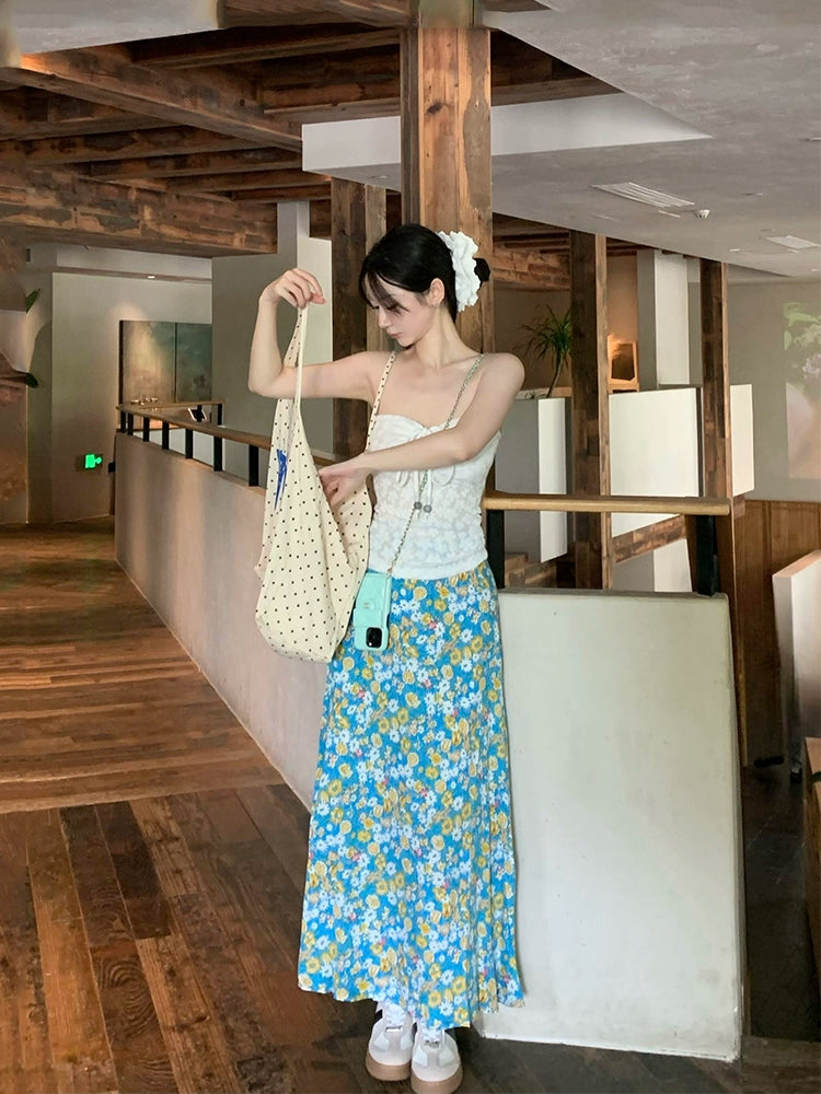 Seaside Vacation Style Suit Pure Desire Stylish White Halter Tube Top Blue Shirt Floral Skirt Two-piece Set