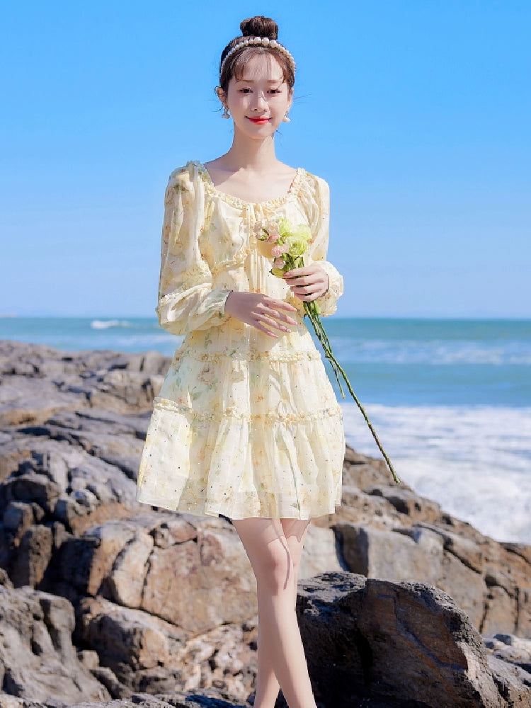 2025 Spring New Arrival Women's Spring Floral Dress Silm Fashion Waist-Controlled Long Sleeves Seaside Vacation Chiffon Skirt