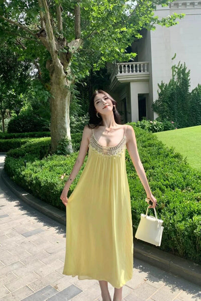 French Style Beautiful Yellow Elegant Heavy Industry Beads Diamond Strap Dress Loose and Idle Seaside Holiday Beach Dress