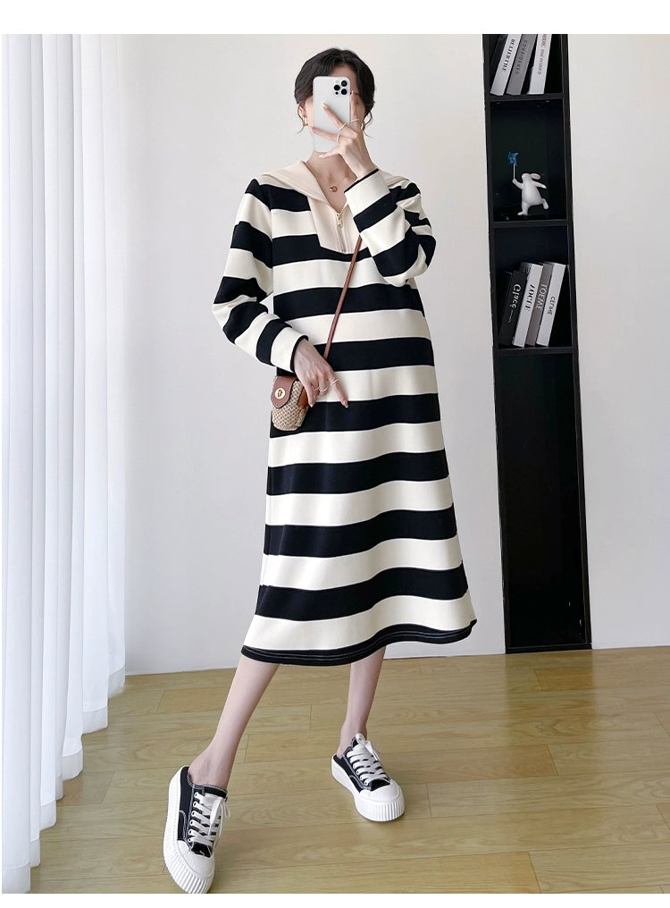 2025 Spring Clothing New Arrival K-style Plus Size Maternity Stripes Dress Fashionable Mom Pullover Sweatshirt Lapel Long Skirt