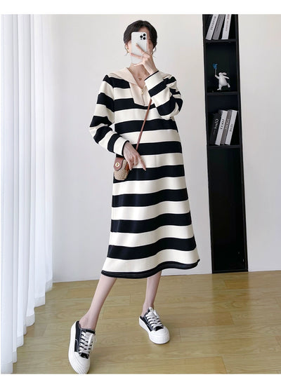 2025 Spring Clothing New Arrival K-style Plus Size Maternity Stripes Dress Fashionable Mom Pullover Sweatshirt Lapel Long Skirt