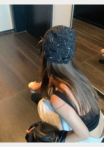 Zhao Lusi Same Style ~ Homemade Bows Sequin Knitted Cold Cap Female Y2g Sexy Wind Show Face Small Toe Cap Pile Heap Cap